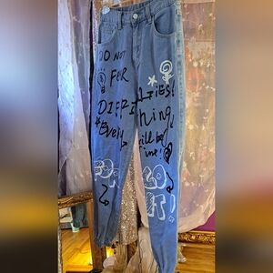 Romwe Blue Graphic Print Jeans. Size Small